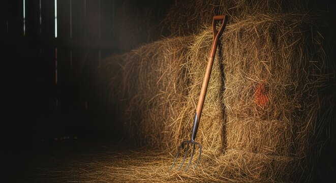 Rustic wooden handled pitchfork leaning against a stack of dry hay in a barn setting, ready for farm work and harvest season, farming, metal, work