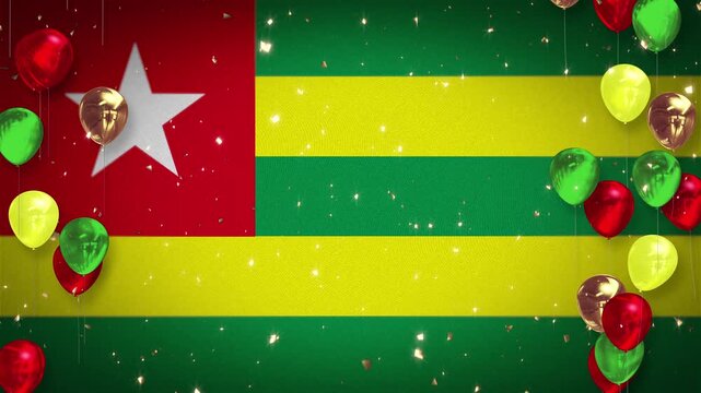 Looping 4K video. Togolese flag. Background for anniversaries and events. Animation. Background with sparkling confetti. Three balloons in red, yellow, and green. Copy space. Republic of Togo.