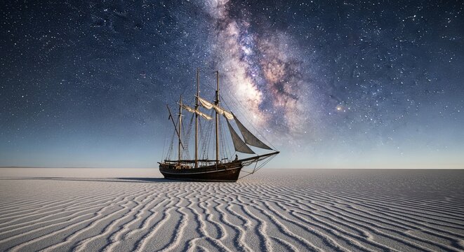A classic three-masted sailing ship stands isolated in the middle of a vast, white textured sand desert or salt flat under a brilliant, clear Milky Way galaxy night sky.