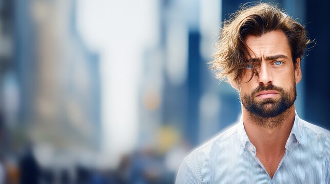 Serious male venture capitalist with a focused expression in a blurred urban financial district.