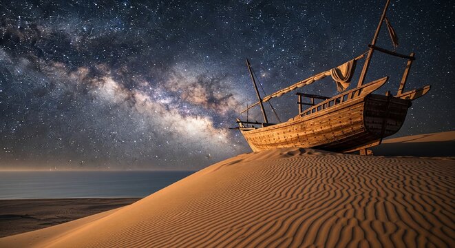An old wooden dhow or traditional boat resting on top of a desert sand dune next to the ocean at night under a spectacular starry sky with the Milky Way galaxy
