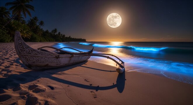 A traditional wooden canoe with outriggers on a sandy tropical beach at night, with a giant bright full moon and glowing blue bioluminescent waves crashing on the shore