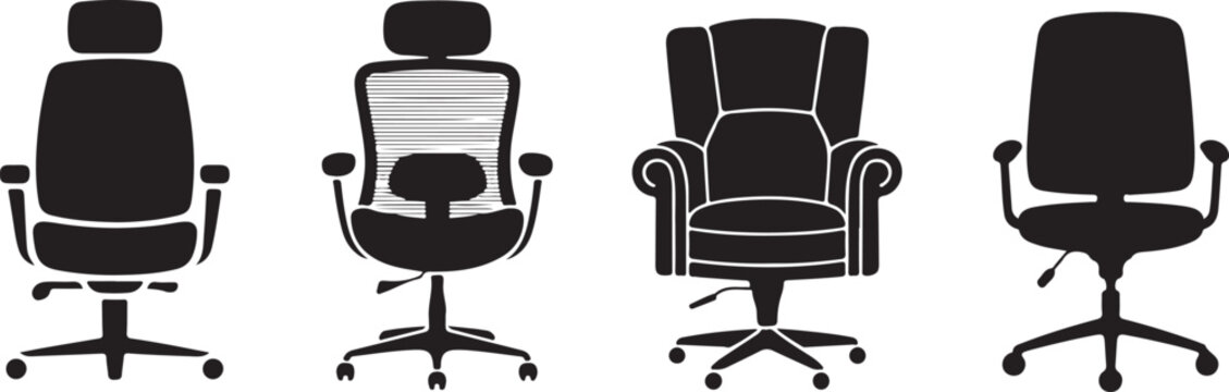 Black silhouettes of various office chairs showing different ergonomic features and adjustable styles for modern workspace setup.