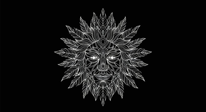 Abstract sun face illustration on black