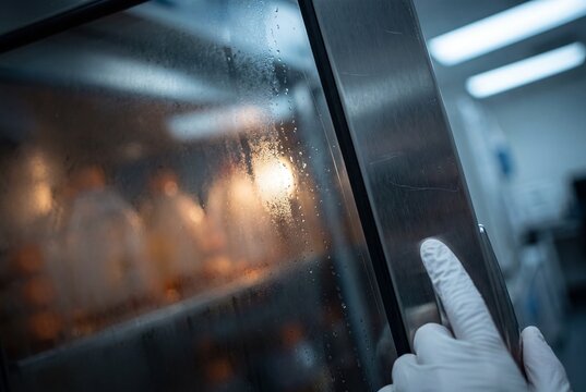 Dutch Angle Cinematic Close Up of Gloved Hand Opening Fogged Sterile CO2 Incubator Glass Door