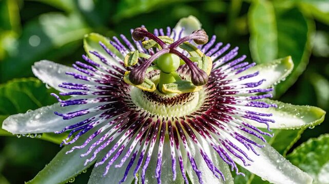 Closeup of a beautiful and intricate passion flower in bloom.