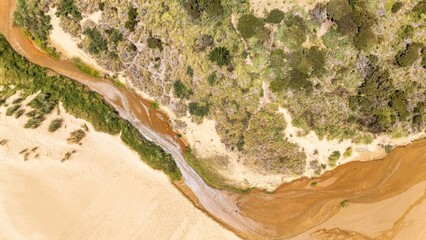 Aerial View of a Winding Stream Through Te Paki Sand Dunes © Rodrigo
