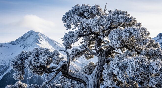 A beautiful frozen gnarled pine tree covered in heavy rime ice and snow, with a majestic snowy mountain peak and blue sky in the background