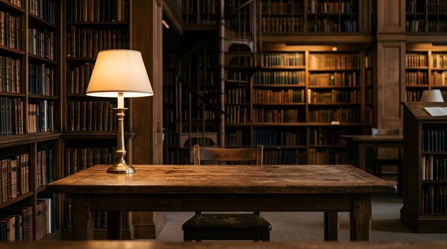 Warm study corner with wooden desk and vintage bookshelf in cozy library interior