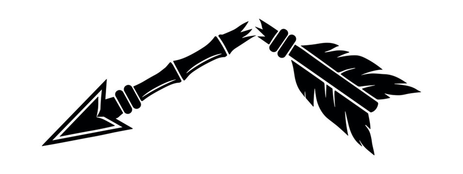Broken bamboo arrow with feather fletching in black and white on clean white background.