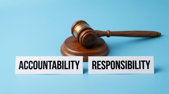 Classic dark wooden judge gavel resting on a round base with two white paper signs displaying accountability and responsibility text isolated against a vibrant light blue studio background color palet