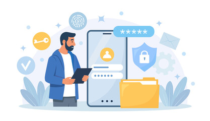 Fototapeta premium Secure Login and Password Protection on Account. Security System for Protect Data Account and User Password for Login Mobile Phone Application. Online Authorization and Authentication in Internet