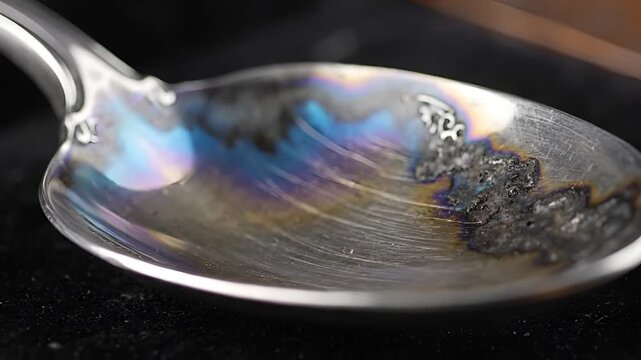 Closeup of Tarnished Silver Spoon Reflecting Colorful Light.