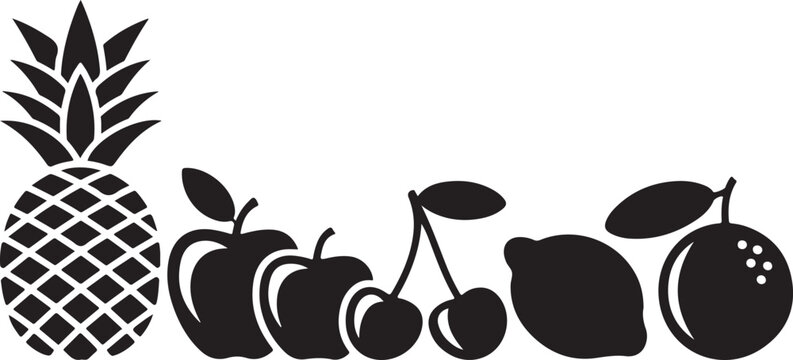 Fresh harvest fruit icon set featuring pineapple apple cherry lemon and orange shapes in solid black silhouette on empty background.