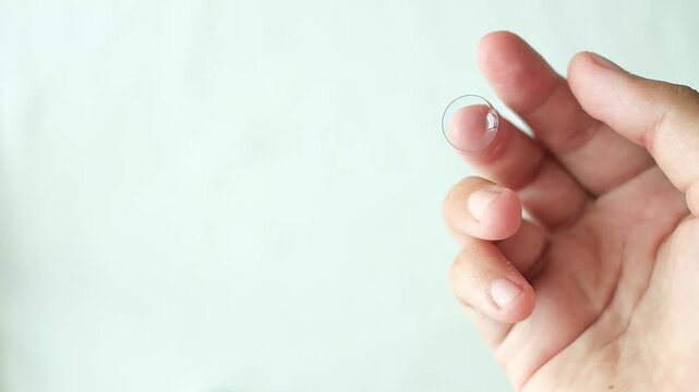 Extreme macro close up of transparent contact lens resting on fingertip against white background. Eye care, vision correction and personal healthcare concept with clean minimal style.