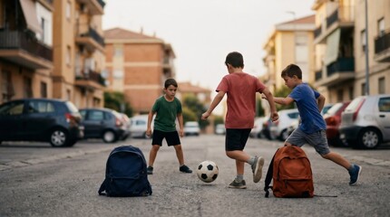 Three boys playing soccer on city street after school. Kids kicking football ball near parked cars with backpacks on road. Childhood hobby and active outdoor lifestyle in urban area.