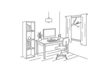 Fototapeta premium Modern home office, minimalist workspace, desk with computer, office furniture, interior design