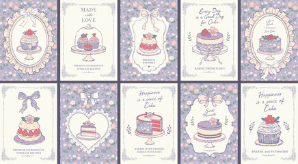 Vintage-inspired bakery and patisserie poster collection featuring elegant cakes, cupcakes, pastries for bakery branding, café decor, greeting cards, packaging, social media, and feminine stationery d © MoonS 