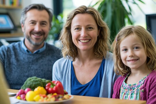 Pediatric dietitian consulting with parents and child in clinic with healthy snacks