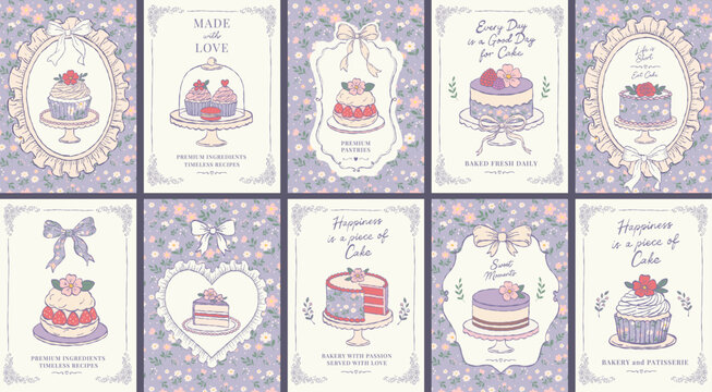 Vintage-inspired bakery and patisserie poster collection featuring elegant cakes, cupcakes, pastries for bakery branding, caf&eacute; decor, greeting cards, packaging, social media, and feminine stationery d