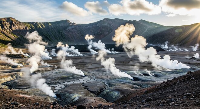A wide rocky volcanic crater field filled with dozens of small active geysers and fumaroles venting white steam plumes under a cloudy sky.