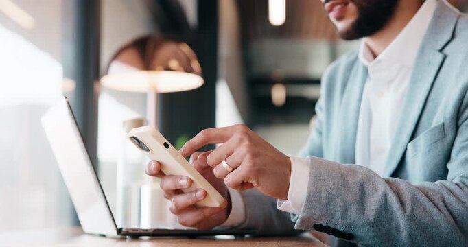 Hands, laptop and phone with businessman in coffee shop for hybrid work, planning or research. App, computer and typing with remote employee at window in cafe or restaurant for feedback or update