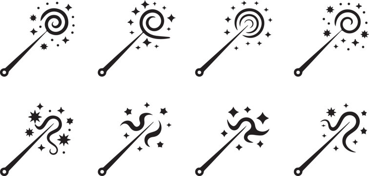 Collection of magic wand icons featuring various spiral and wavy shapes with twinkling sparkles isolated on transparent background.