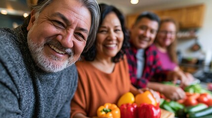 Fototapeta premium Diverse family preparing healthy dinner together in cozy home kitchen