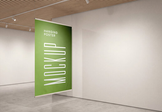 Vertical large hanging poster banner mockup in a modern art gallery interior hall with concrete floor and white wall background