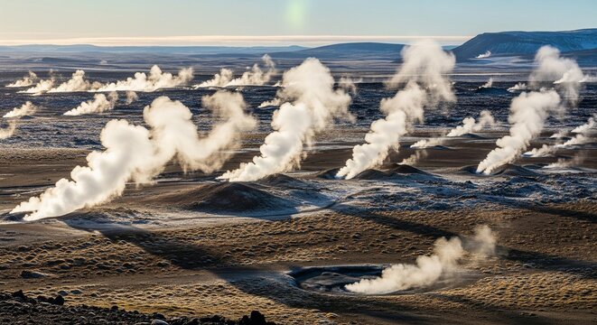 Wide aerial view of a smoking geothermal area with numerous steam plumes rising from the rocky ground in a cold landscape