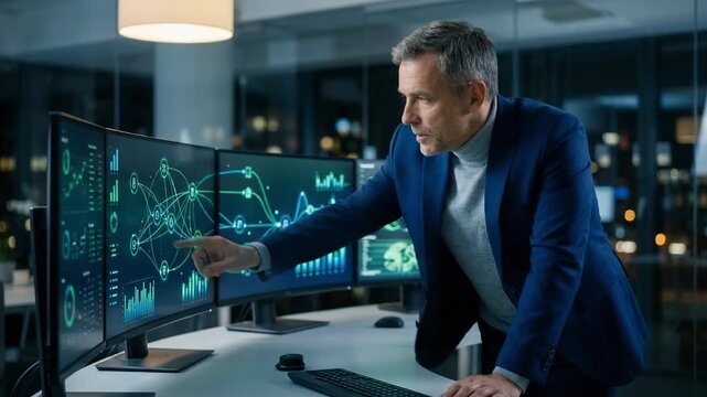 Institutional fund manager analyzing blockchainbased share registry data on a digital dashboard key tokens and transfers in clear focus.