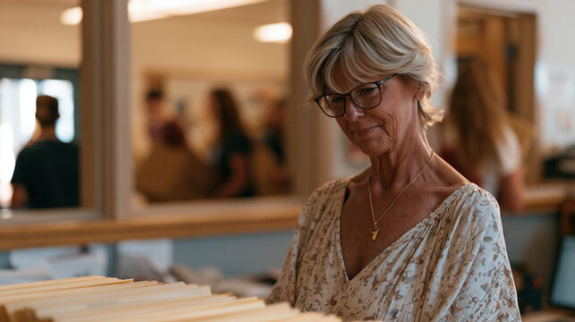 Retired teacher returning to elementary school office as an administrative volunteer during back to school week, sorting cumulative academic files by grade level while newer staff members move boxes