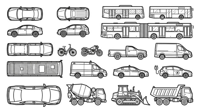 Vector Vehicle CAD Blocks with Top View and Side Elevation Linework for Architectural Site Planning
