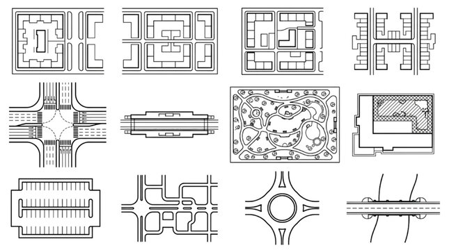 Urban Master Plan CAD Blocks and City Grid Layout Vectors for Architectural Site Planning
