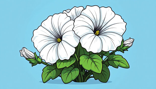 White Petunias with Green Leaves Blooming.