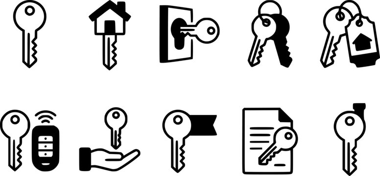 House Keys and Security Icon Set featuring House Keyring Keyhole Door Access Car Remote Fob Real Estate Agreement and Locksmith Concepts
