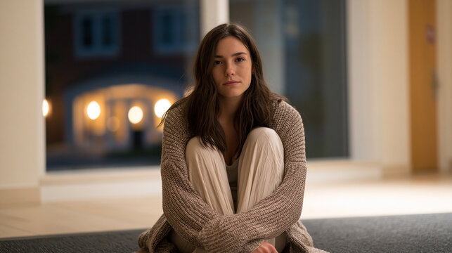 Graduate student sits rigid on dormitory hallway floor at 2am, campus building exterior visible through window, knees drawn up, residence hall mental health crisis higher education college wellness 