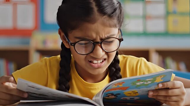 Young Indian Girl Struggling to Read Book with Glasses On.