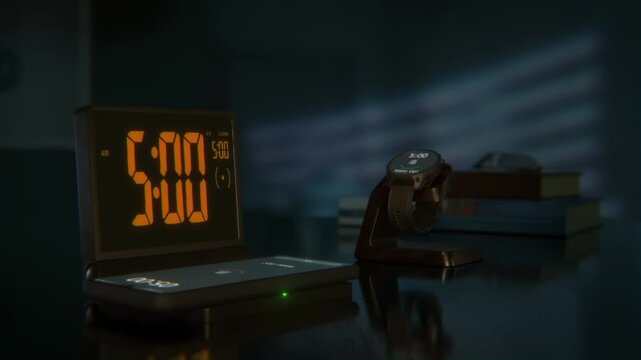 Digital alarm clock with phone charger and smartwatch are waking up at 5 AM. The numbers on the every screens changes from 4:59 to 5:00AM