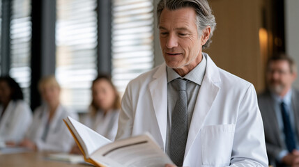 Obraz premium Drug shortage clinical pharmacist briefing hospital nursing staff in break room about formulary substitution protocol, printed shortage summary handouts distributed, whiteboard showing equivalent do