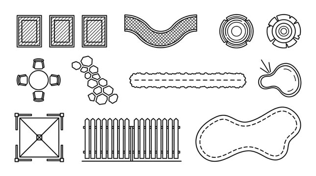 Landscape Architecture CAD Blocks Vector Set with Top View Backyard Pools and Garden Element Details
