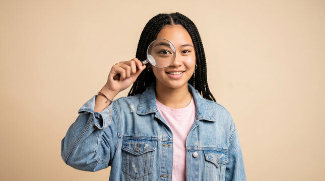 Smiling young girl in a denim jacket holds a magnifying glass ov