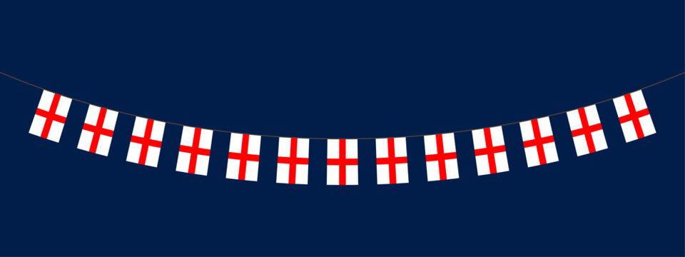 England Flag Bunting Vector Illustration, St Georges Cross Pennant Decoration for St Georges Day and Football Tournament. English Patriotic Bunting Banner Soccer and National Day Celebration Graphic.