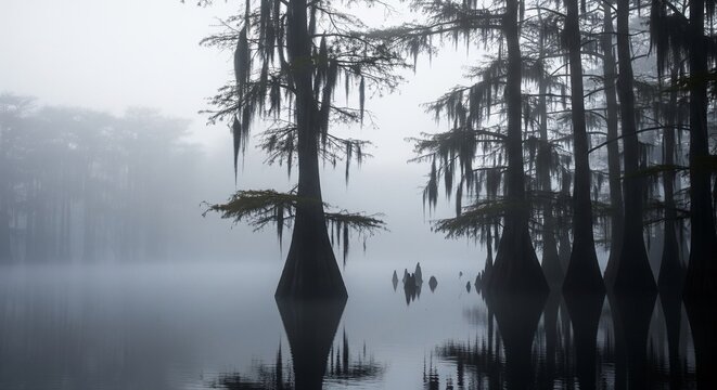 A dark and spooky swamp landscape on a very foggy morning. Silhouettes of tall cypress trees with hanging moss stand in the still, dark water under a thick blanket of fog.