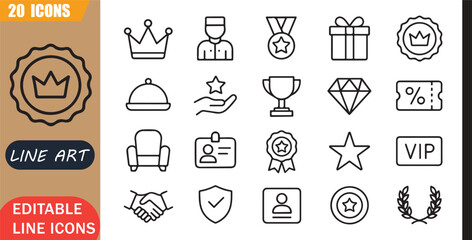 Isolated VIP Service Experience Icons Set, 20 editable line art icons set, luxury membership, premium rewards, exclusive benefits, loyalty status, outline vector, simple outline signs © MD.Kawsar Hossan