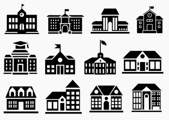Fototapeta premium School building vector icon with clock and flag