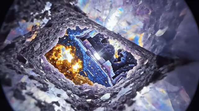 Climber Descends Through Ice Cave Illuminated by Fire.