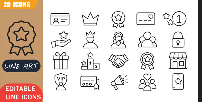 Isolated Loyalty Reward Program Icons Set, 20 editable line art icons set, premium points, customer benefits, community access, membership rewards, outline vector, simple outline signs