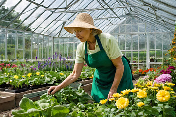 Obraz premium senior woman in a greenhouse