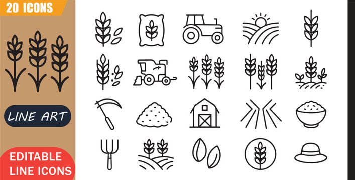 Isolated Grain Agriculture Wheat Icons Set, 20 editable line art icons set, cereal harvest, farming crop, organic food, wheat field, outline vector, simple outline signs